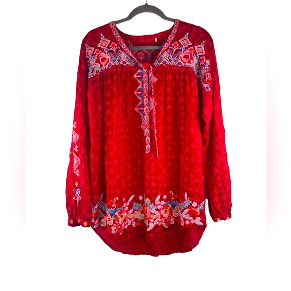 Johnny Was Tops - Johnny Was Gina Embroidered Long Sleeve Blouse in Red Size Large
